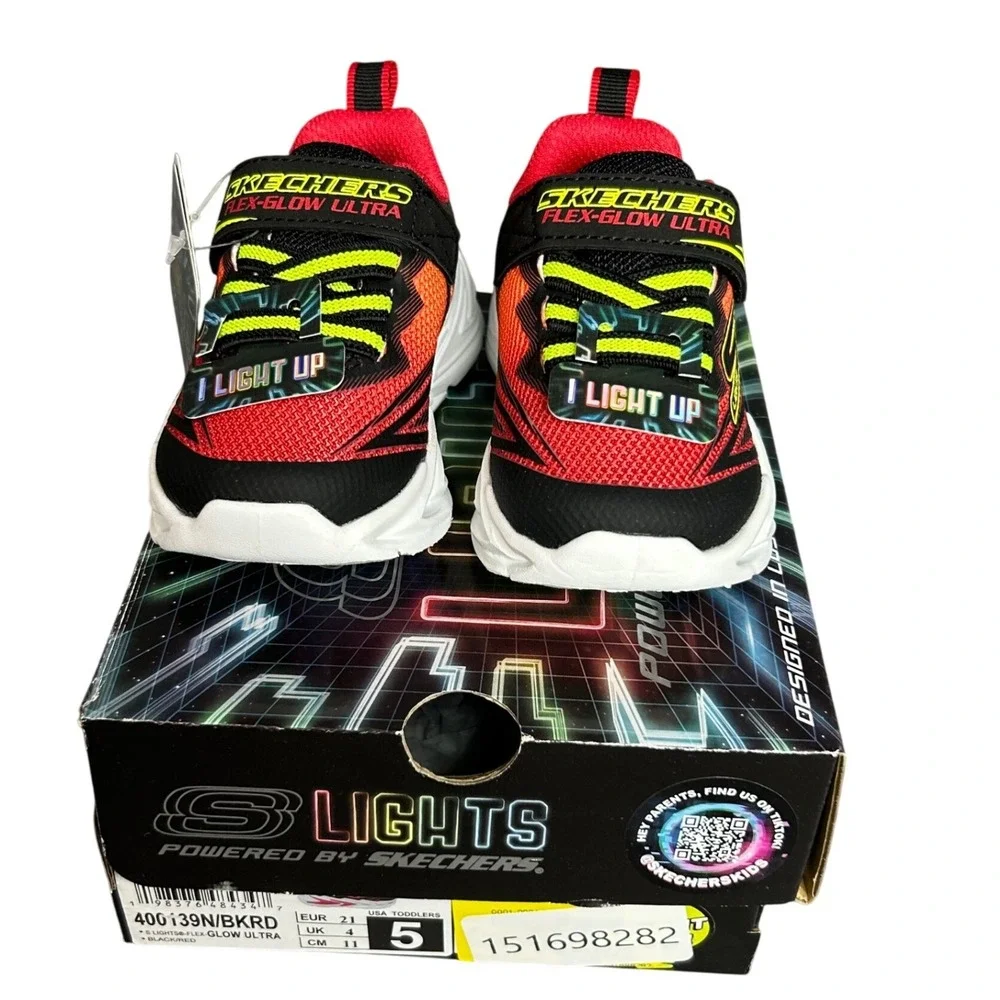 Skechers S Lights Flex-Glow‎ Ultra Black Red Light Up Toddler Shoes 400139N 5